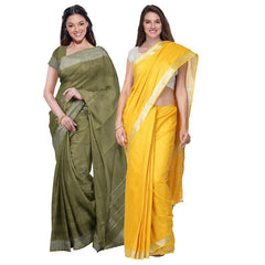 Moss Green & Yellow women's Bhagalpuri Handloom Cotton-Linen Blend Saree Combo (Pack Of 2) With Running Unstiched Blouse Piece