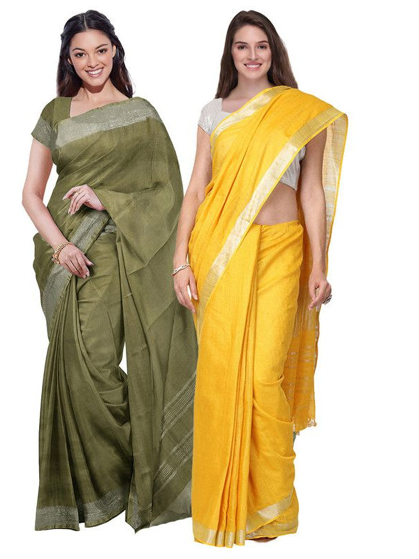 Moss Green & Yellow women's Bhagalpuri Handloom Cotton-Linen Blend Saree Combo (Pack Of 2) With Running Unstiched Blouse Piece