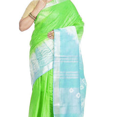 Green & Tiffany Cyan women's Bhagalpuri Handloom Cotton Linen Slub Blend Tie Two Dye (Sibory Two Dye) Saree With Running Unstitched Blouse Piece - View 3