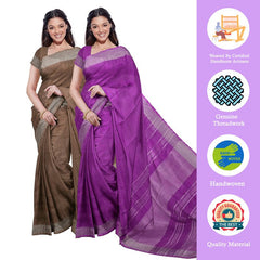Brown & Electric Purple women's Bhagalpuri Handloom Cotton-Linen Blend Saree Combo (Pack Of 2) With Running Unstiched Blouse Piece - View 2