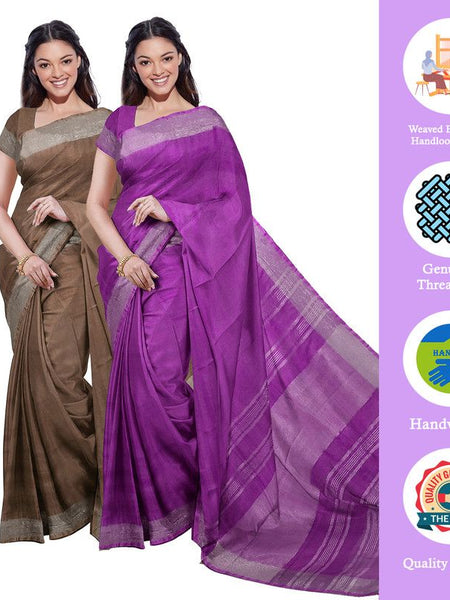 Brown & Electric Purple women's Bhagalpuri Handloom Cotton-Linen Blend Saree Combo (Pack Of 2) With Running Unstiched Blouse Piece - View 2