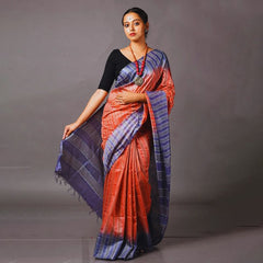 Bhagalpuri Semi Tussar Silk Striped Two Dye Saree (Rough_Orange & Martinie_Blue)