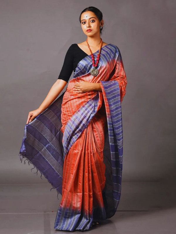 Bhagalpuri Semi Tussar Silk Striped Two Dye Saree (Rough_Orange & Martinie_Blue)