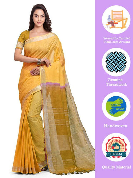 Yellow & Golden Brown women's Bhagalpuri Handloom Pure Cotton Two Dye Saree With Running Unstitched Blouse Piece