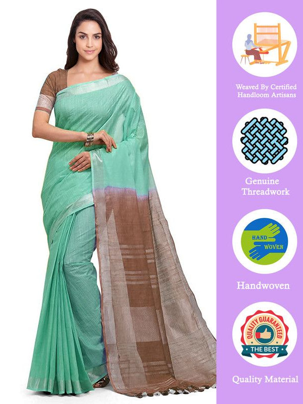Aquamarine Turquoise & Brown women's Bhagalpuri Handloom Pure Cotton Two Dye Saree With Running Unstitched Blouse Piece - View 2