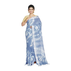Powder Blue women's Bhagalpuri Handloom Linen Blend Tie-Dye (Sibory Dye) Saree With Running Unstiched Blouse Piece