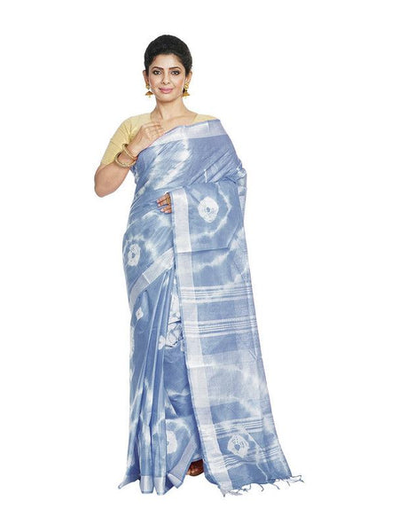 Powder Blue women's Bhagalpuri Handloom Linen Blend Tie-Dye (Sibory Dye) Saree With Running Unstiched Blouse Piece