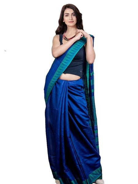 Klein Blue women's Bhagalpuri Handloom Kota Silk Temple Border Saree And Variation Of Colors With Striped Blouse Piece - View 3