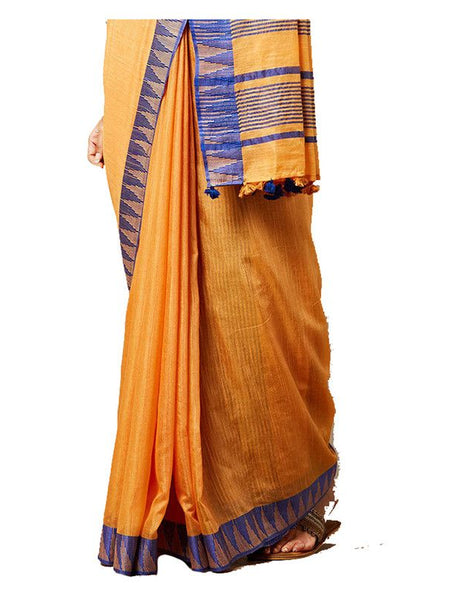 Web Orange women's Bhagalpuri Handloom Kota Silk Temple Border Saree And Variation Of Colors With Striped Blouse Piece - View 3