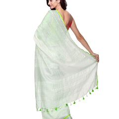 Whte-Green women's Bhagalpuri Handloom Linen Cotton Blend White Saree With Silver Zari Border And Contrast Unstitched Blouse Piece - View 3