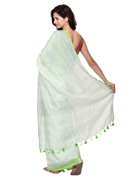 Whte-Green women's Bhagalpuri Handloom Linen Cotton Blend White Saree With Silver Zari Border And Contrast Unstitched Blouse Piece - View 3