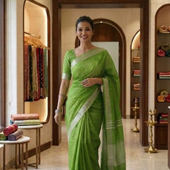 Bhagalpuri Handwoven Cotton-linen Blend Saree With Running Blouse Piece(Parrot Green) - View 3
