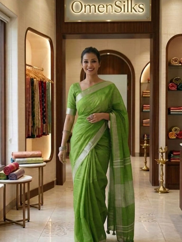 Bhagalpuri Handwoven Cotton-linen Blend Saree With Running Blouse Piece(Parrot Green) - View 3
