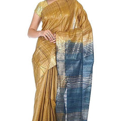 Tussar Ghicha Silk Handloom Two Dye Saree with Zari Border (Sutlea_Blue & Tusik_Brown)