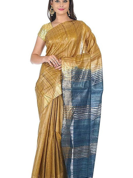 Tussar Ghicha Silk Handloom Two Dye Saree with Zari Border (Sutlea_Blue & Tusik_Brown)