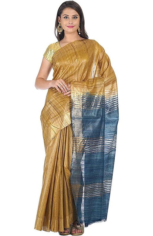 Tussar Ghicha Silk Handloom Two Dye Saree with Zari Border (Sutlea_Blue & Tusik_Brown)