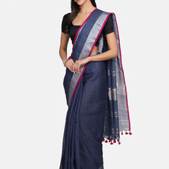 Handloom Linen Cotton Blend Contrast Bhagalpuri Saree for Women (Egyptian_Blue-Pink)