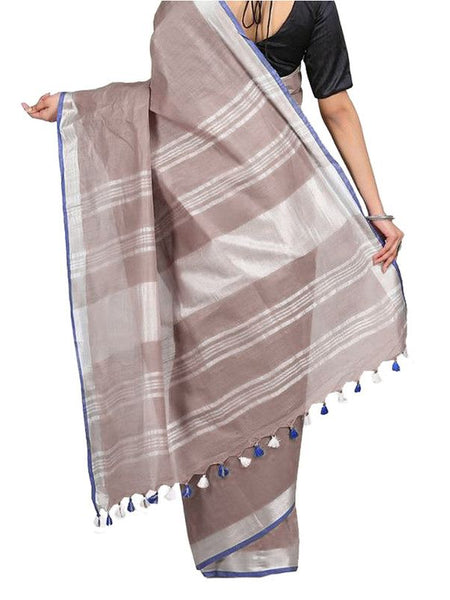 Liver Brown women's Bhagalpuri Handloom Linen-Slub Saree With Contrast Blouse Piece - View 5