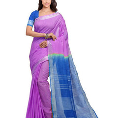 Heliotrope Pink & Azure Cyan women's Bhagalpuri Handloom Linen Cotton Blend Two Dye Saree With Running Unstitched Blouse Piece
