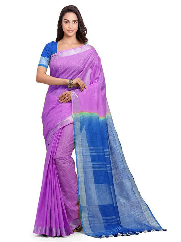 Heliotrope Pink & Azure Cyan women's Bhagalpuri Handloom Linen Cotton Blend Two Dye Saree With Running Unstitched Blouse Piece