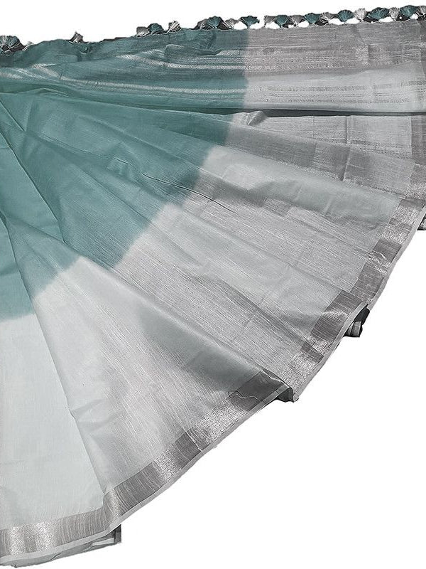 Skobeloff Cyan women's Bhagalpuri Linen-Slub Blend Two Dye Saree With Blouse Piece - View 3