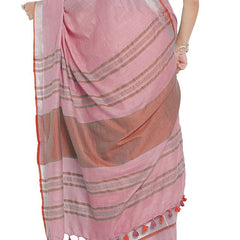 Orchid Pink-Red women's Bhagalpuri Handloom Cotton Linen Blend Contrast Pallu Saree And Unstitched Contrast Blouse Piece - View 4