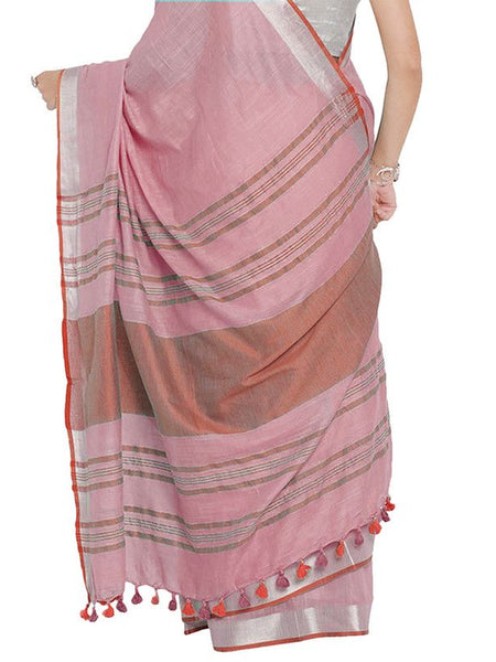 Orchid Pink-Red women's Bhagalpuri Handloom Cotton Linen Blend Contrast Pallu Saree And Unstitched Contrast Blouse Piece - View 4