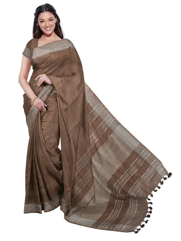 Brown & Cerulean Blue women's Bhagalpuri Handloom Cotton-Linen Blend Saree Combo (Pack Of 2) With Running Unstiched Blouse Piece