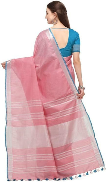 Handloom Linen Cotton Blend Contrast Bhagalpuri Saree for Women (Blush_Pink-Cyan) - View 3