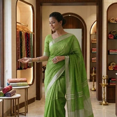 Bhagalpuri Handwoven Cotton-linen Blend Saree With Running Blouse Piece(Parrot Green) - View 2