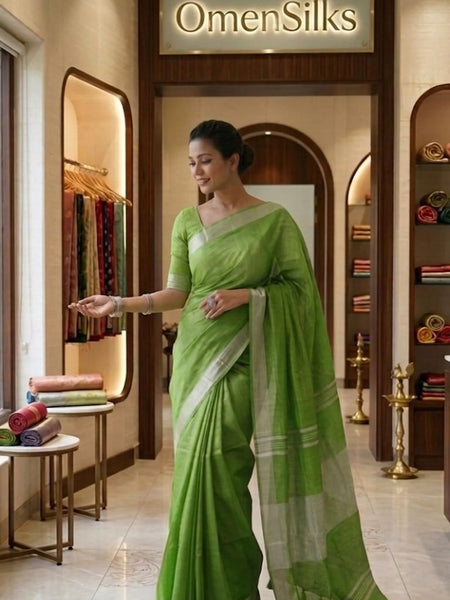 Bhagalpuri Handwoven Cotton-linen Blend Saree With Running Blouse Piece(Parrot Green) - View 2