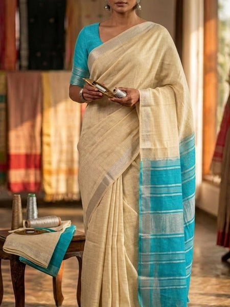 Elegant Linen Cotton Blend Saree for WDS | Cream Saree with Contrast Woven Pallu & Silver Zari Border | Traditional Ethnic Wear - View 2