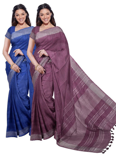Cobalt Blue & Quinacridone Magenta women's Bhagalpuri Handloom Cotton-Linen Blend Saree Combo (Pack Of 2) With Running Unstiched Blouse Piece