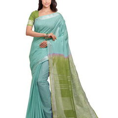 Tiffany Cyan & Moss Green women's Handloom Bhagalpuri Linen Cotton Slub Blend Two Dye Saree With Running Unstitched Blouse Piece - View 2