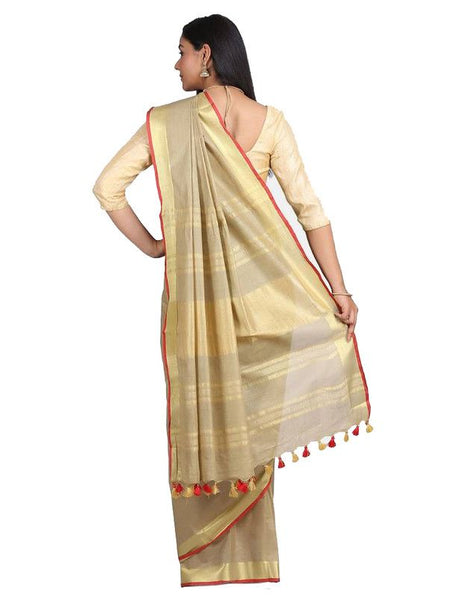 Linen Cotton Blend Contrast Handloom Bhagalpuri Saree for Women (Gold-Khaki_Brown-Red) - View 4