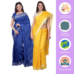 Cobalt Blue & Yellow women's Bhagalpuri Handloom Cotton-Linen Blend Saree Combo (Pack Of 2) With Running Unstiched Blouse Piece - View 2