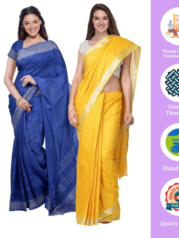 Cobalt Blue & Yellow women's Bhagalpuri Handloom Cotton-Linen Blend Saree Combo (Pack Of 2) With Running Unstiched Blouse Piece - View 2