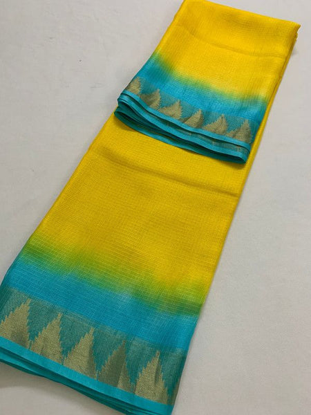 Kota Silk Doriya Organza Net Temple Border Two Dye Saree with Free Blouse Piece(Canary_Yellow & Cyan) - View 5