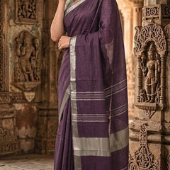 Handwoven Linen Blend Saree With Running Blouse Piece(Purple) - View 2