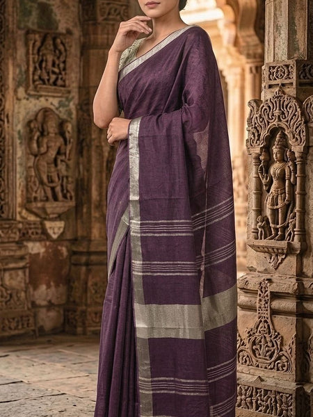 Handwoven Linen Blend Saree With Running Blouse Piece(Purple) - View 2