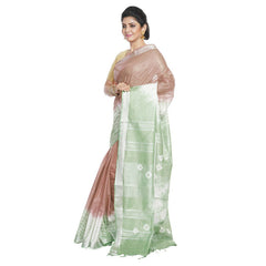 Chamoisee Brown & Olivine Green women's Bhagalpuri Handloom Cotton Linen Slub Blend Tie Two Dye (Sibory Two Dye) Saree With Running Unstitched Blouse Piece - View 2