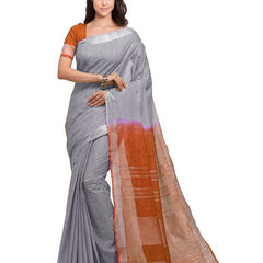 Grey & Mohangni Orange women's Bhagalpuri Handloom Linen Slub Blend Two Dye Saree With Running Unstitched Blouse Piece