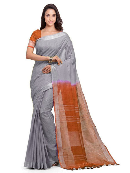Grey & Mohangni Orange women's Bhagalpuri Handloom Linen Slub Blend Two Dye Saree With Running Unstitched Blouse Piece