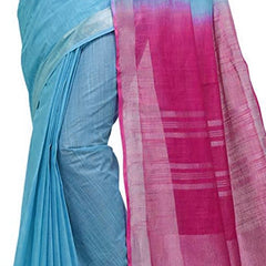 Argentinian Blue & Raspberry Pink women's Handloom Bhagalpuri Linen Blend Two Dye Saree With Running Unstitched Blouse Piece - View 5