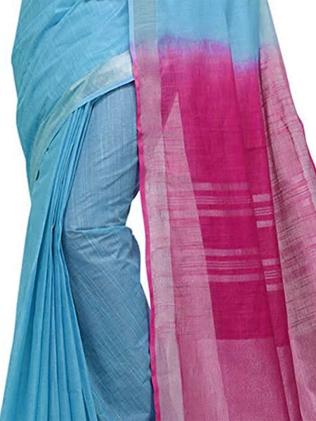 Argentinian Blue & Raspberry Pink women's Handloom Bhagalpuri Linen Blend Two Dye Saree With Running Unstitched Blouse Piece - View 5