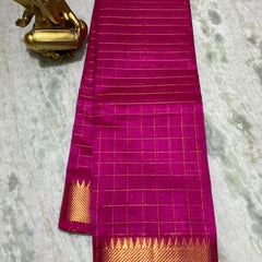 Cotton Silk Handloom Bhgalpuri Check Saree with Gold Zari Border with Blouse Piece for Women (100152 Deep_Pink)