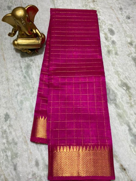 Cotton Silk Handloom Bhgalpuri Check Saree with Gold Zari Border with Blouse Piece for Women (100152 Deep_Pink)