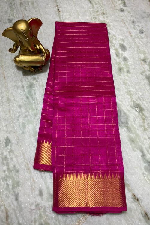 Cotton Silk Handloom Bhgalpuri Check Saree with Gold Zari Border with Blouse Piece for Women (100152 Deep_Pink)