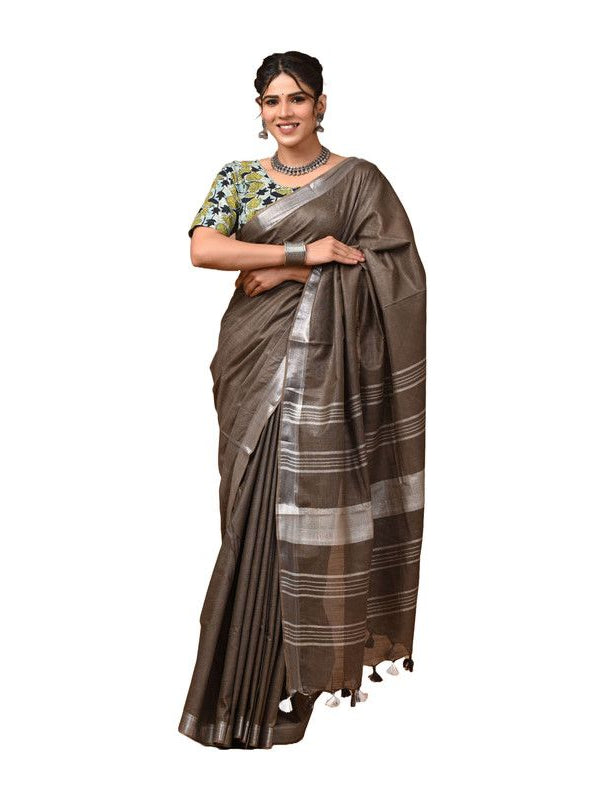 Linen Cotton Blend Handloom Bhagalpuri Saree with Zari Border (12791 Kabiye_Brown) - View 3