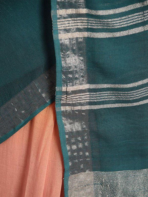 Mango Orange & Teal Green women's Bhagalpuri Handloom Linen Cotton Blend Two Dye Saree With Running Unstitched Blouse Piece - View 6